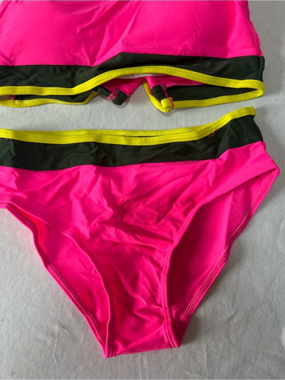Girls' Neon Pink Two-Piece Swim Set with Black and Yellow Trim